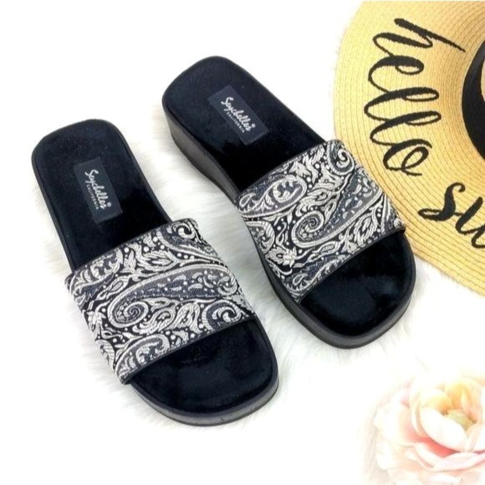 Vintage 90s Seychelles Platform Flatform Wooden Slides Sandal 7 y2k Paisley